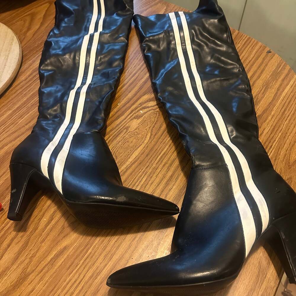 Chinese Laundry Black Faux Leather Pointed Toe Knee High Boots with White Racing